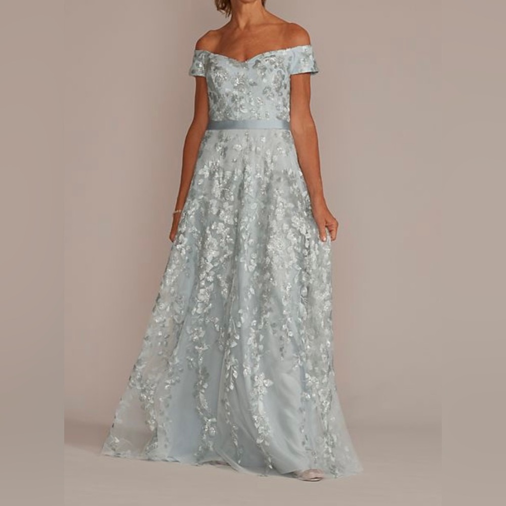 Sparkly Blue Metallic Oleg Cassini Formal Dress David’s Bridal Wedding Guest 16W